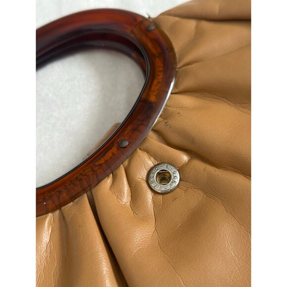Vintage Tan Smooth Leather Stocko Clutch Purse Handbag Bakelite Lucite Handles - Picture 6 of 13